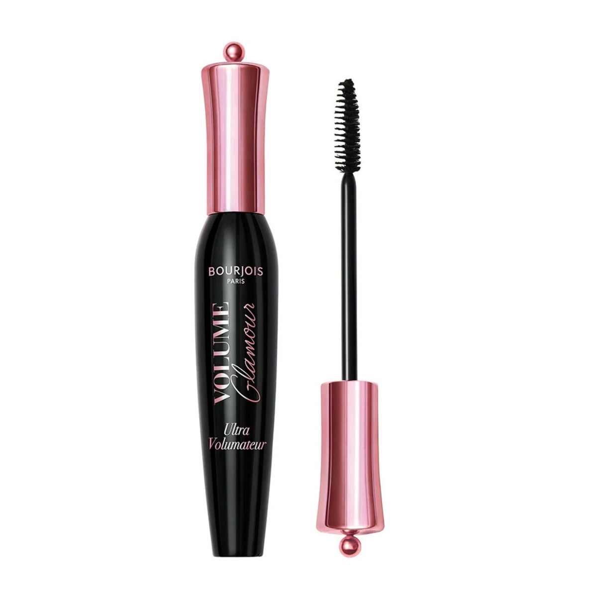 Refect Beauty Bourjois Glamour Ultra Volumateur mascara in a black tube with a metallic pink cap and applicator wand.