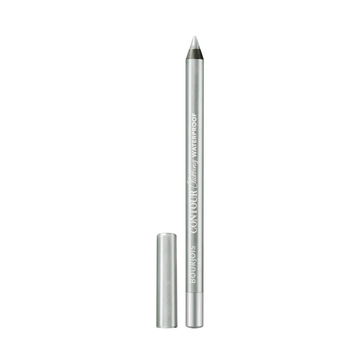 Refect Beauty Bourjois Contour Clubbing waterproof eyeliner pencil in a metallic silver shade with its cap removed.