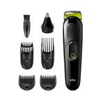 Refect Beauty Braun All-in-one Trimmer 3 with five black attachments and cleaning brush for beard and hair grooming