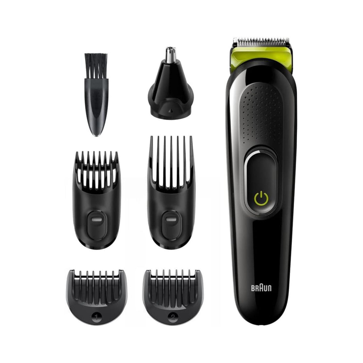 Refect Beauty Braun All-in-one Trimmer 3 with five black attachments and cleaning brush for beard and hair grooming