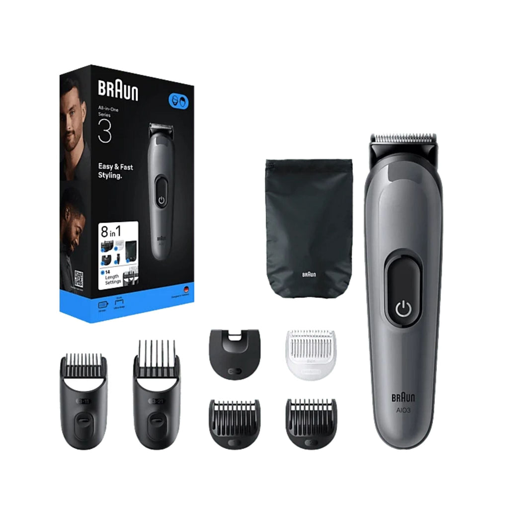 Refect Beauty Braun All-in-One Series 3 grooming kit with electric trimmer, multiple attachments, and storage pouch.