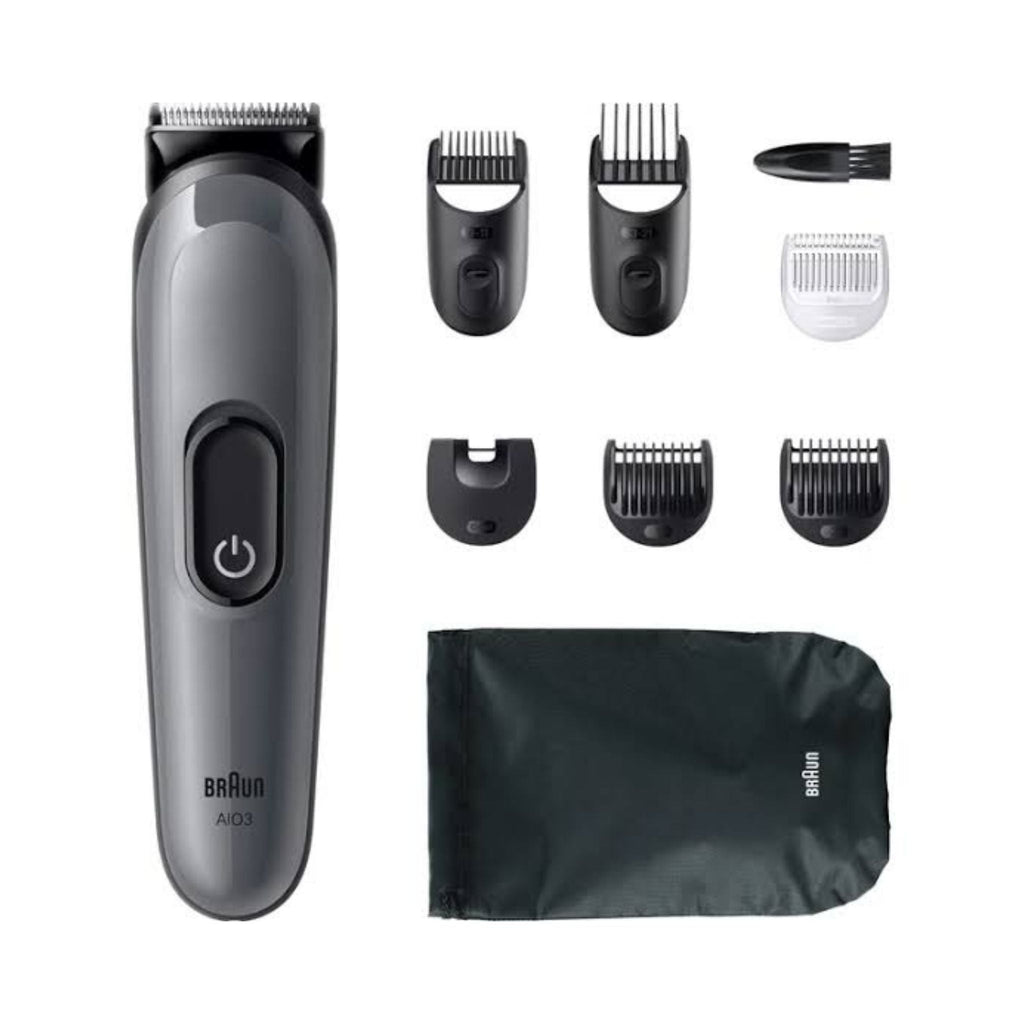 Refect Beauty Braun All-in-One Series 3 grooming kit with grey electric trimmer, multiple attachments, and carry pouch