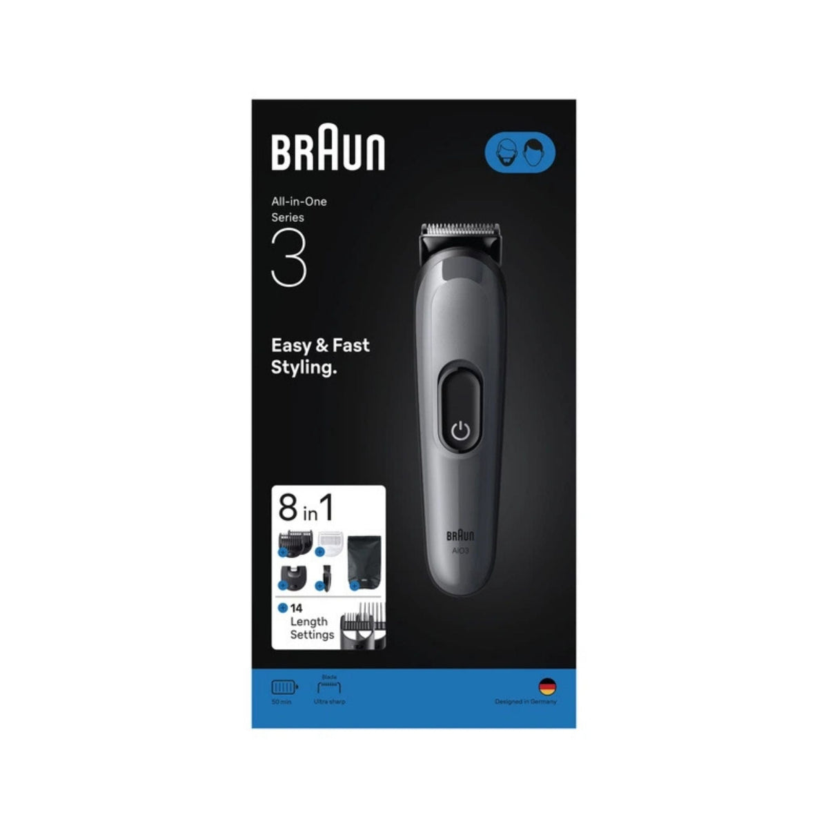 Refect Beauty Braun All-in-One Series 3 grooming kit box featuring an 8-in-1 electric trimmer with 14 length settings.
