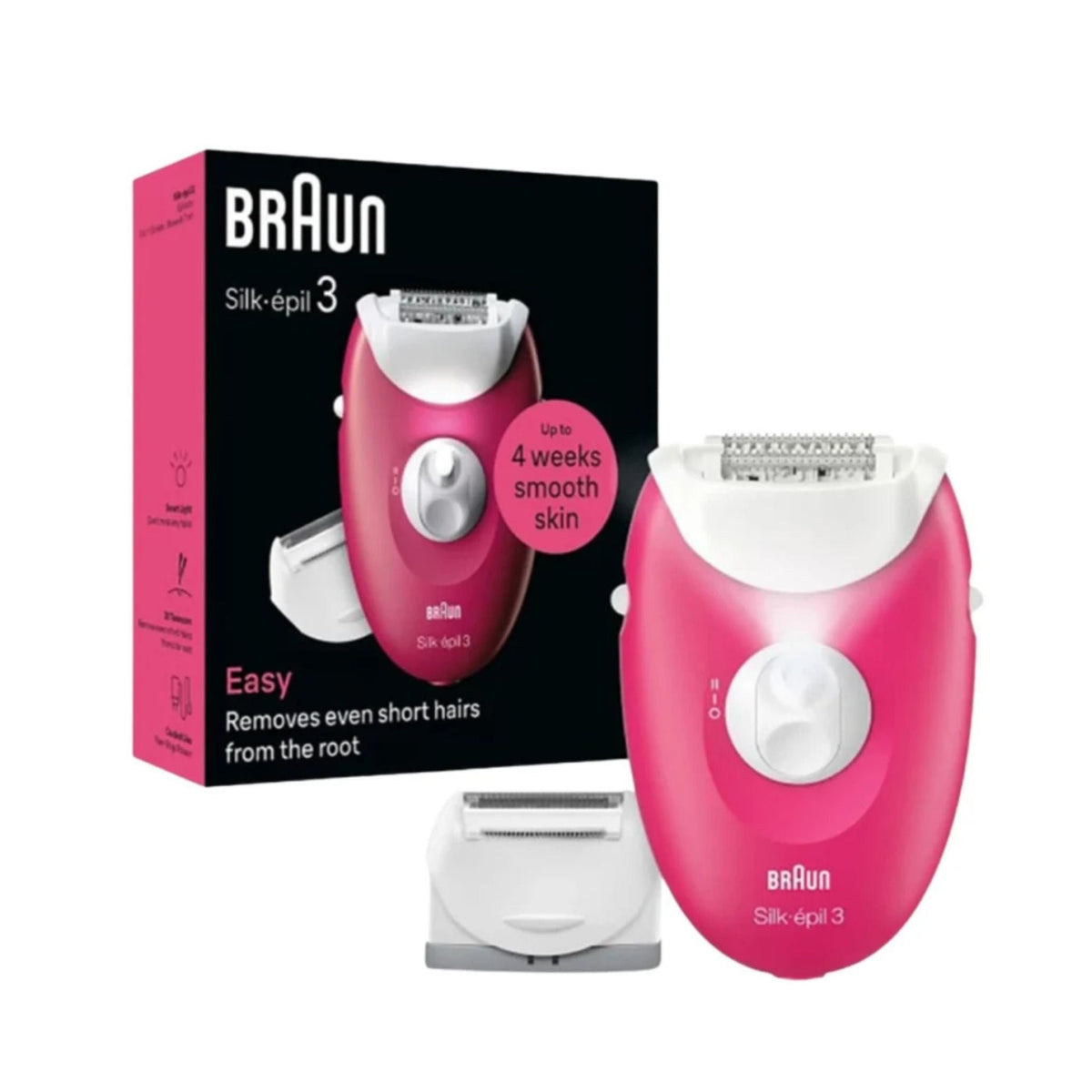 Refect Beauty Braun Silk Epil 3 epilator in pink and white with shaver head attachment and product packaging box.