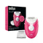 Refect Beauty Braun Silk Epil 3 epilator in pink and white with shaver head attachment and product packaging box.