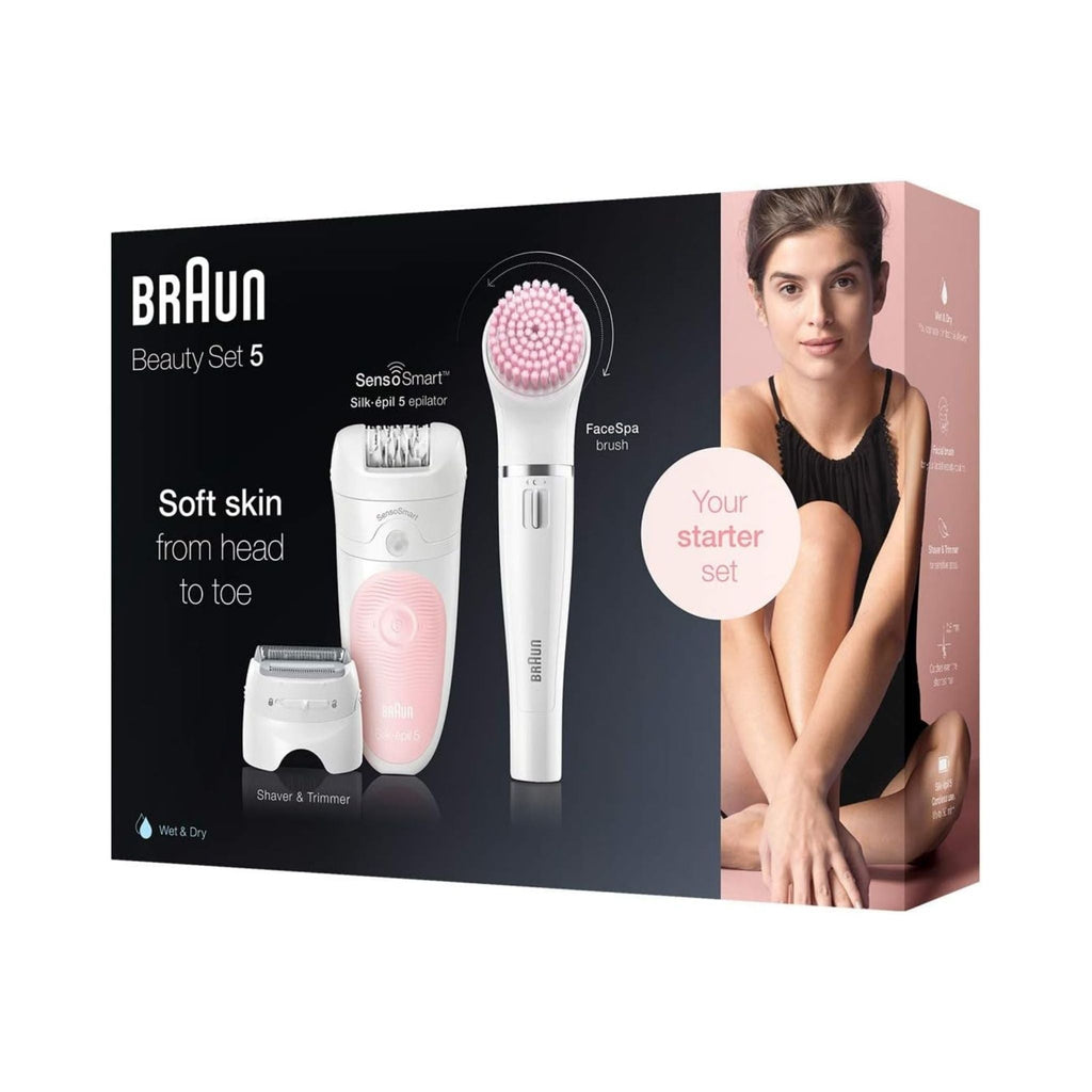 Refect Beauty Braun Silk-Epil 5 beauty set featuring a white and pink epilator, FaceSpa brush, and shaver attachment.