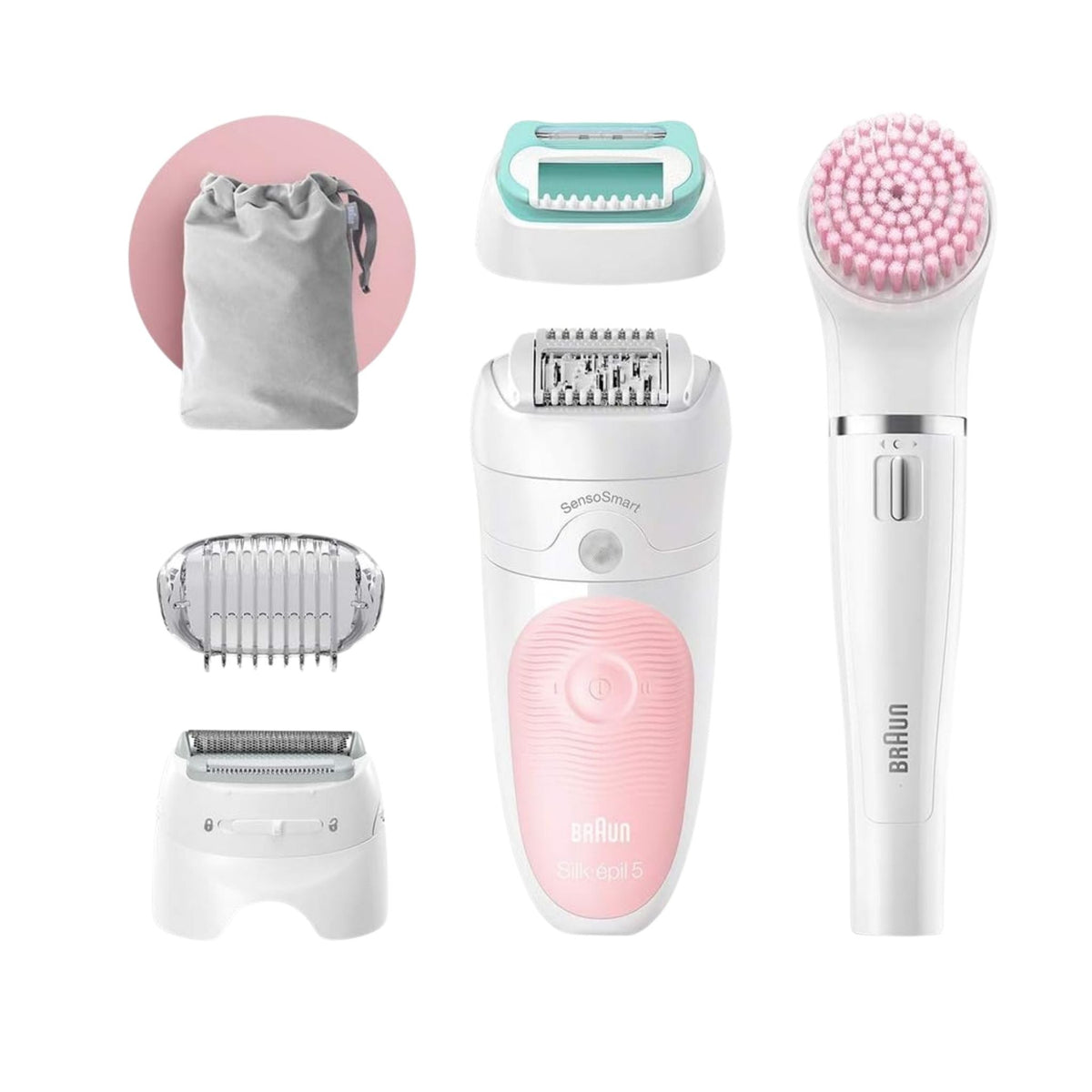 Refect Beauty Braun Silk-Epil 5 wet and dry epilator set with pink and white attachments and a storage pouch