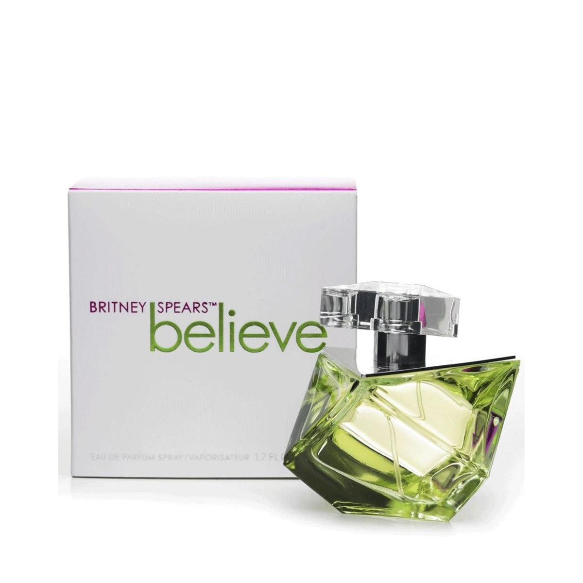Refect Beauty Britney Spears Believe Eau de Parfum 100ml bottle with its unique geometric green glass and white box