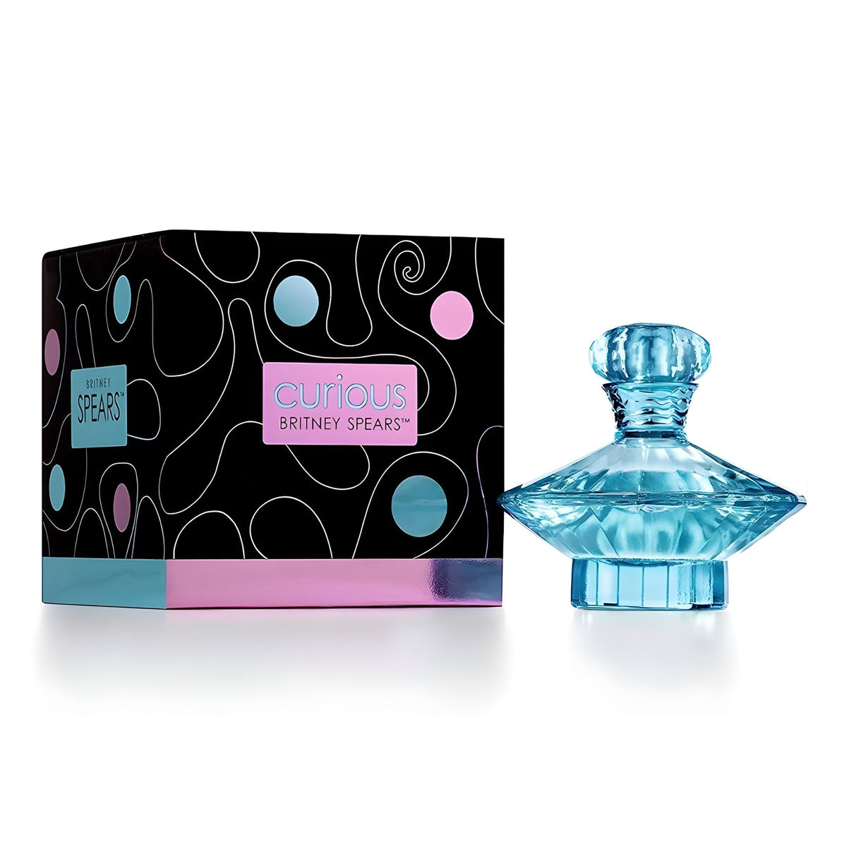 Refect Beauty Britney Spears Curious eau de parfum bottle in blue glass next to its black and pink patterned box