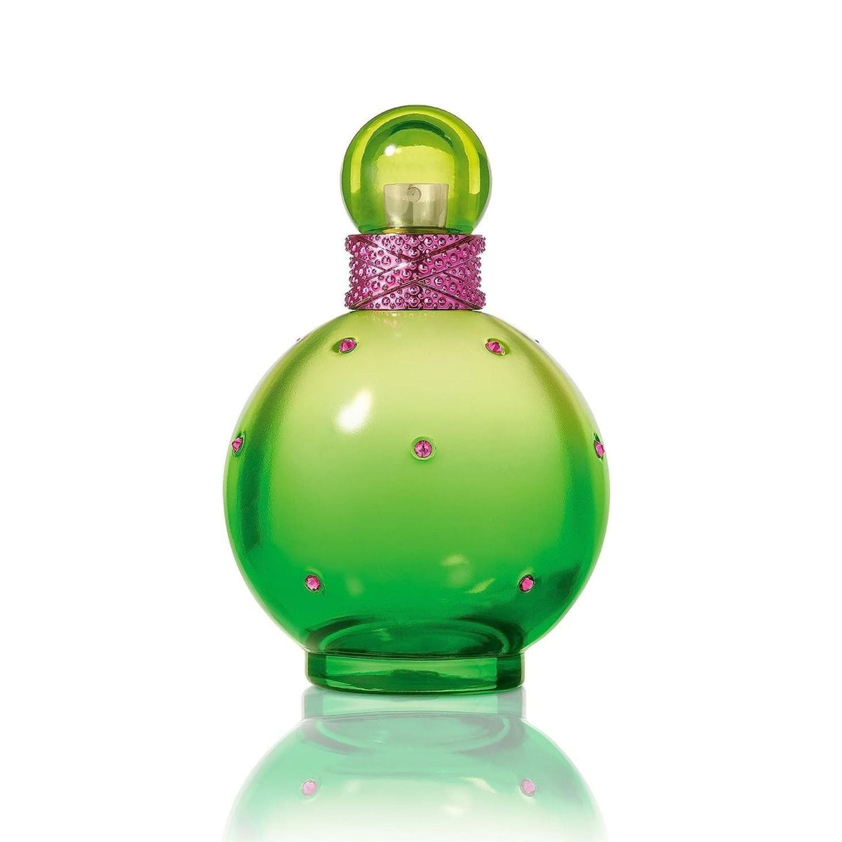 Refect Beauty Britney Spears Jungle Fantasy perfume in a round green glass bottle with pink crystal accents