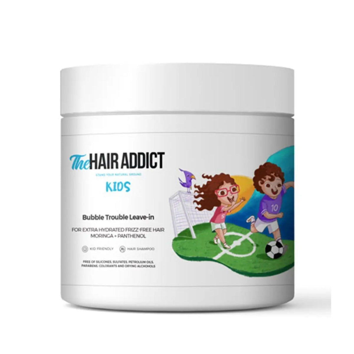 Refect Beauty Bubble Trouble leave-in conditioner jar for kids with illustrated soccer scene on white background