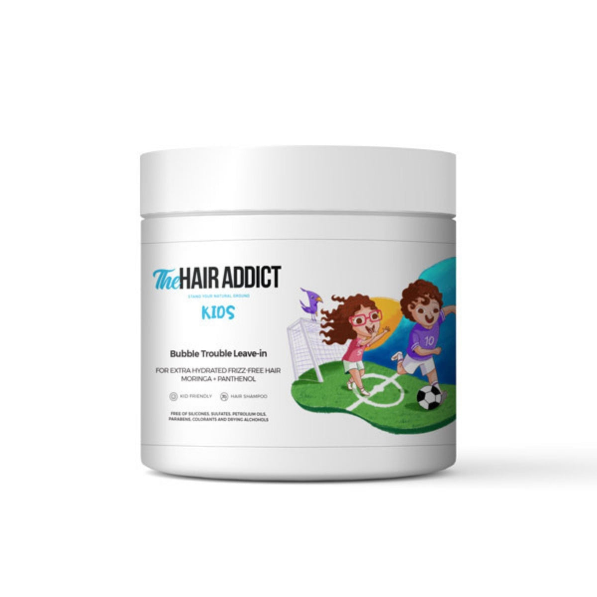 Refect Beauty Bubble Trouble leave-in conditioner jar with cartoon soccer illustration for kids hair care