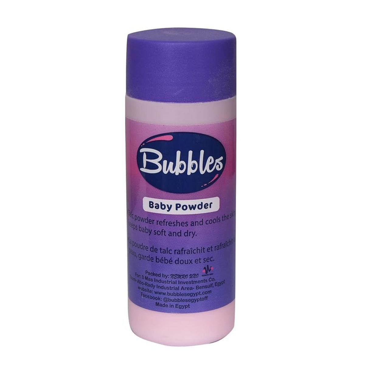 Refect Beauty Bubbles baby powder in a pink bottle with a purple cap for gentle skin care and moisture absorption.