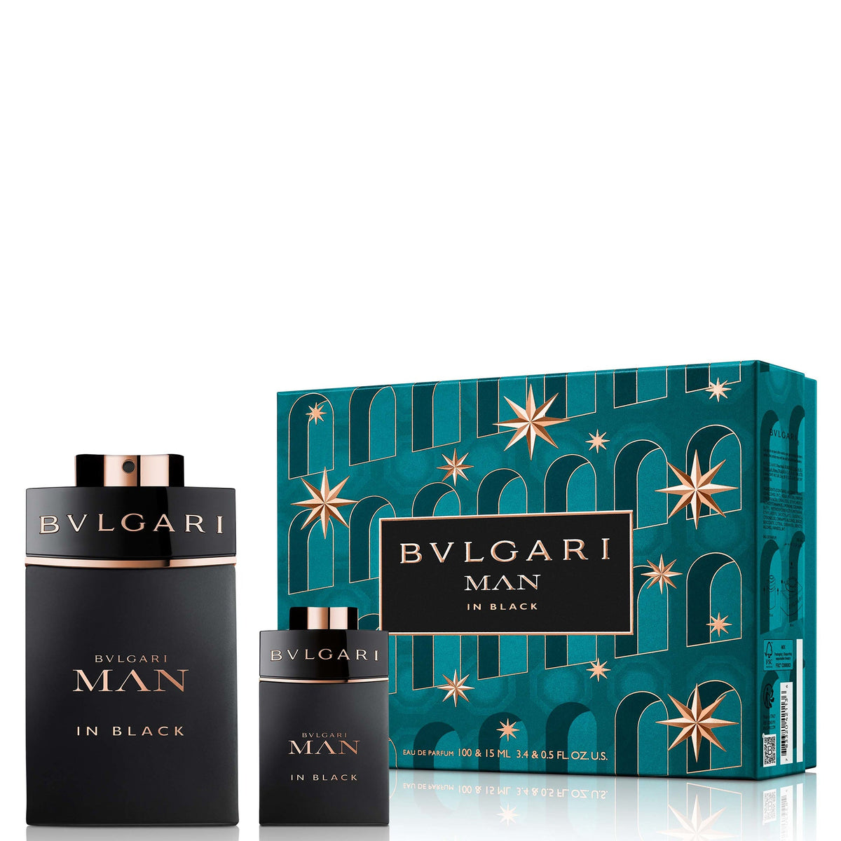Refect Beauty Bulgari Man In Black gift set featuring a 100ml and 15ml eau de parfum bottle with festive packaging.