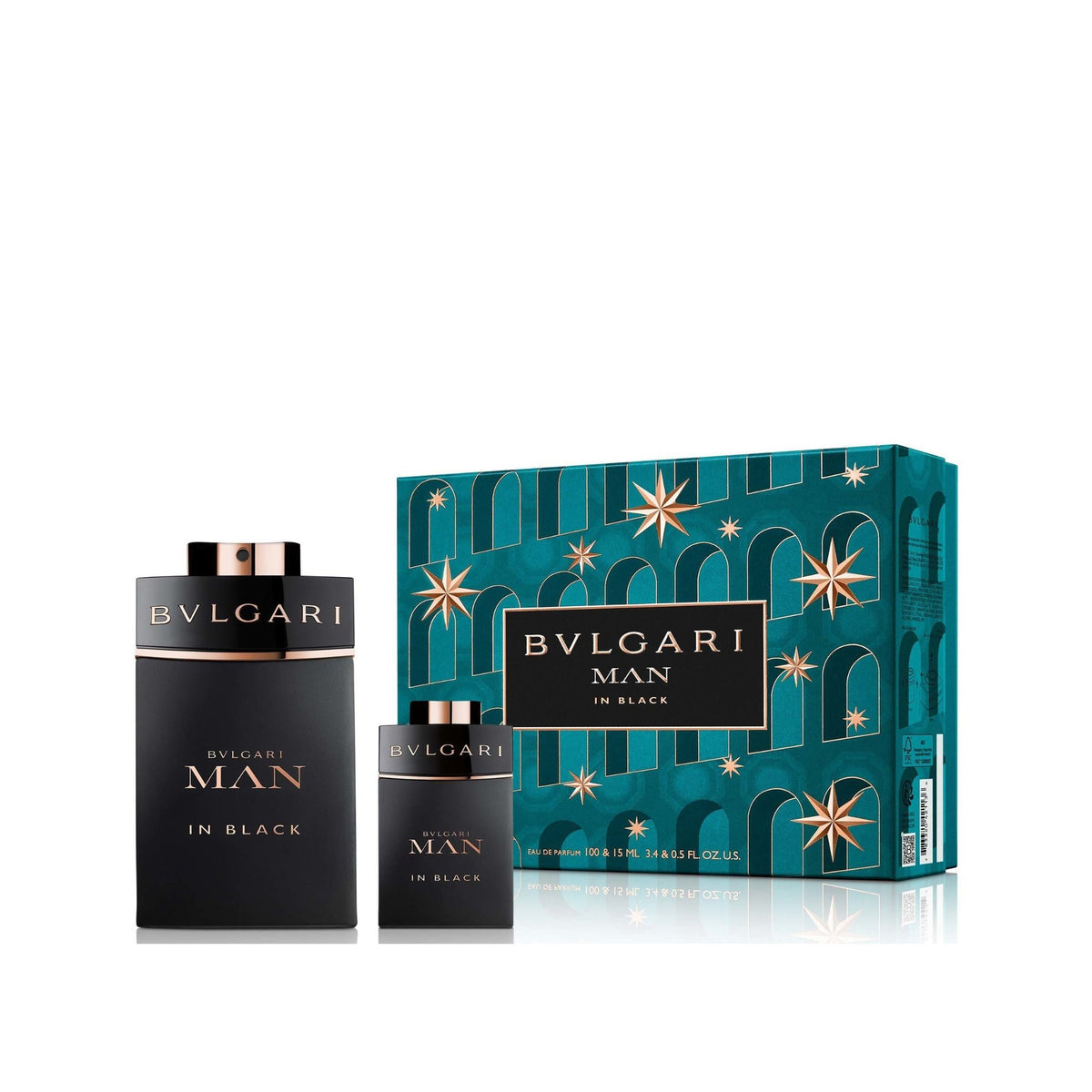 Refect Beauty Bulgari Man In Black gift set featuring a 100ml and 15ml eau de parfum bottle with festive gift box.