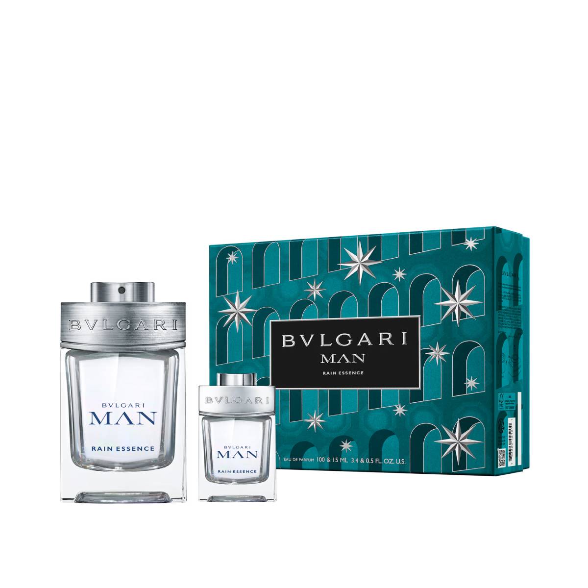 Refect Beauty Bulgari Man Rain Essence gift set featuring a 100ml and 15ml eau de parfum bottle in a festive box.