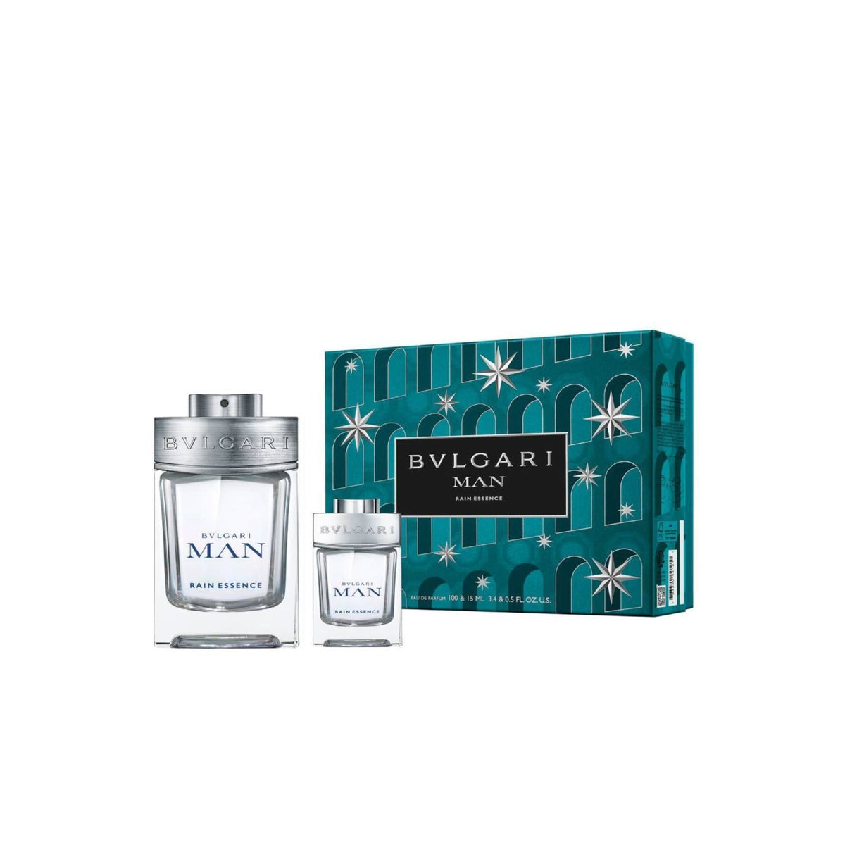 Refect Beauty Bulgari Man Rain Essence gift set featuring a 100ml and 15ml eau de parfum bottle in a teal gift box.