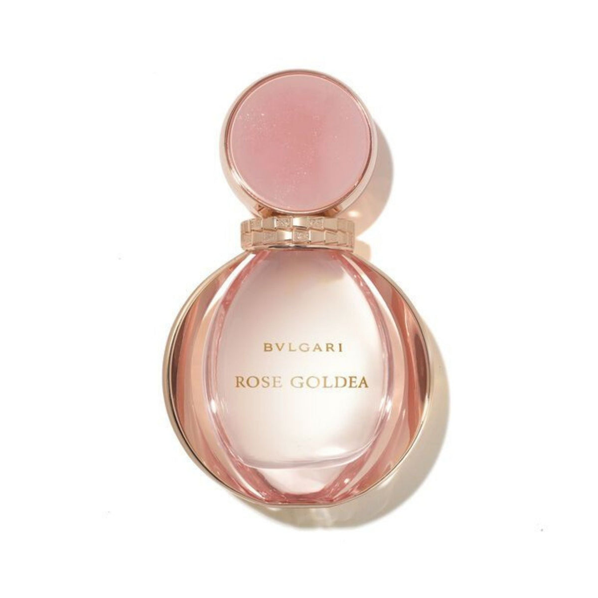Refect Beauty Bulgari Rose Goldea Eau de Parfum in a round pink glass bottle with a matching circular cap.