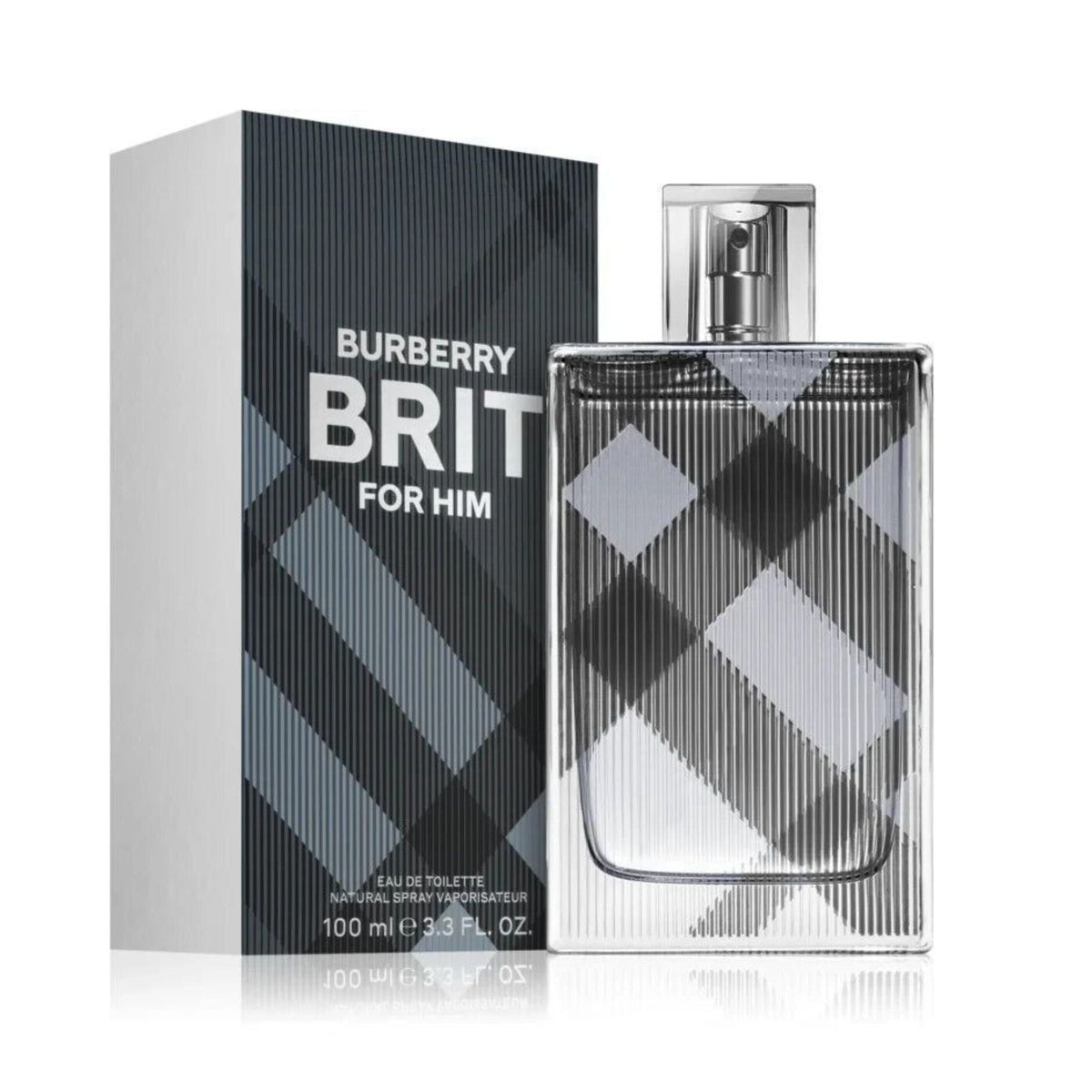 Refect Beauty Burberry Brit For Him Eau de Toilette bottle and box featuring the iconic grey check pattern