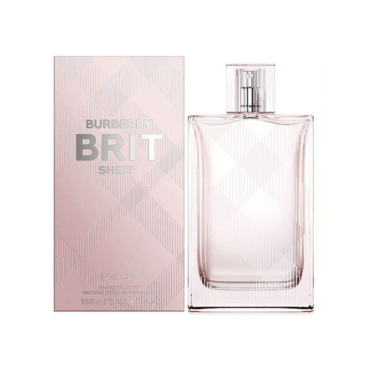 Refect Beauty Burberry Brit Sheer Eau de Toilette perfume bottle and pink patterned box for a floral fruity scent