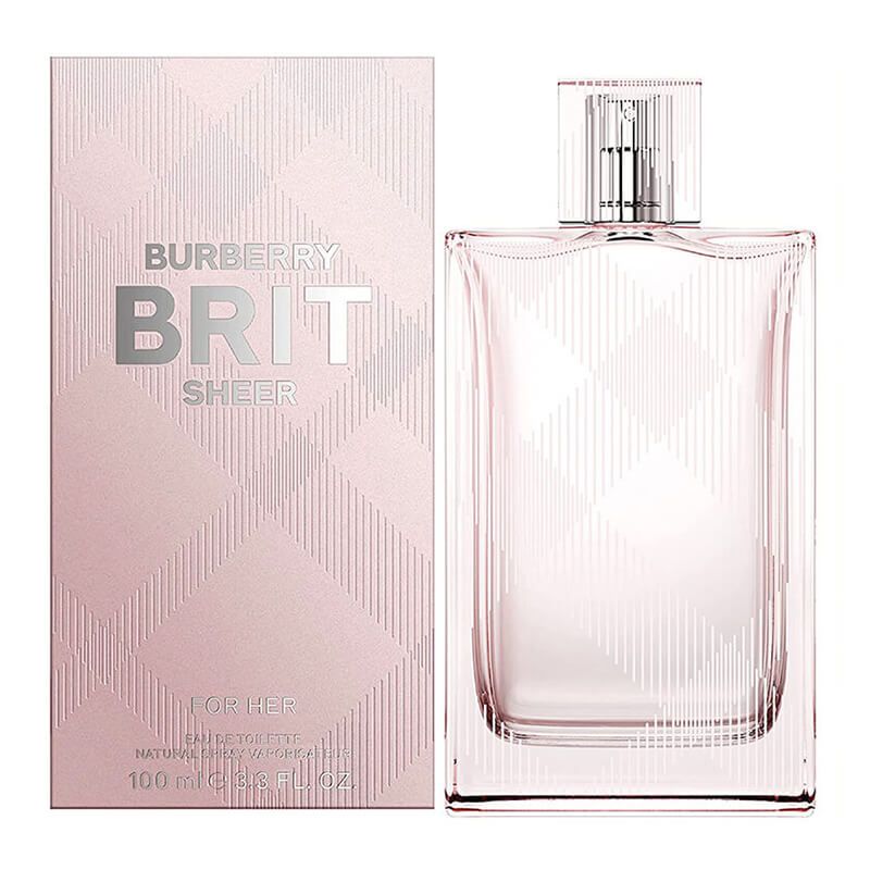 Refect Beauty Burberry Brit Sheer Eau de Toilette perfume bottle and pink patterned box with floral fruity scent