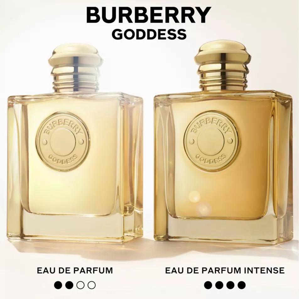 Refect Beauty Burberry Goddess Intense and original Eau de Parfum glass bottles with gold liquid and embossed labels