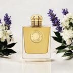 Refect Beauty Burberry Goddess Intense Eau de Parfum bottle with gold liquid, gold cap, and fresh lavender flowers.