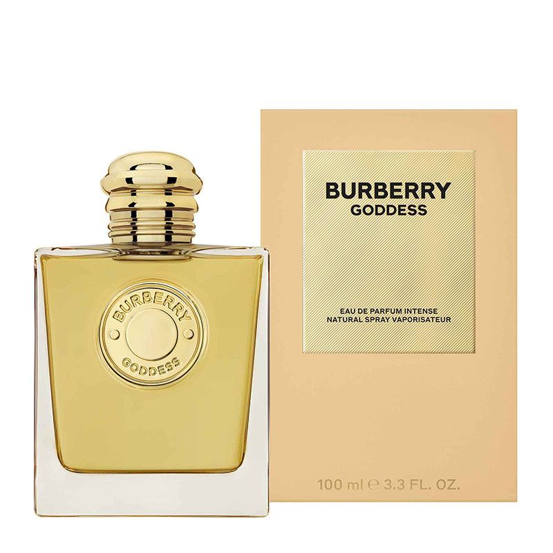 Refect Beauty Burberry Goddess Intense Eau de Parfum bottle and beige box featuring a gold medallion and cap