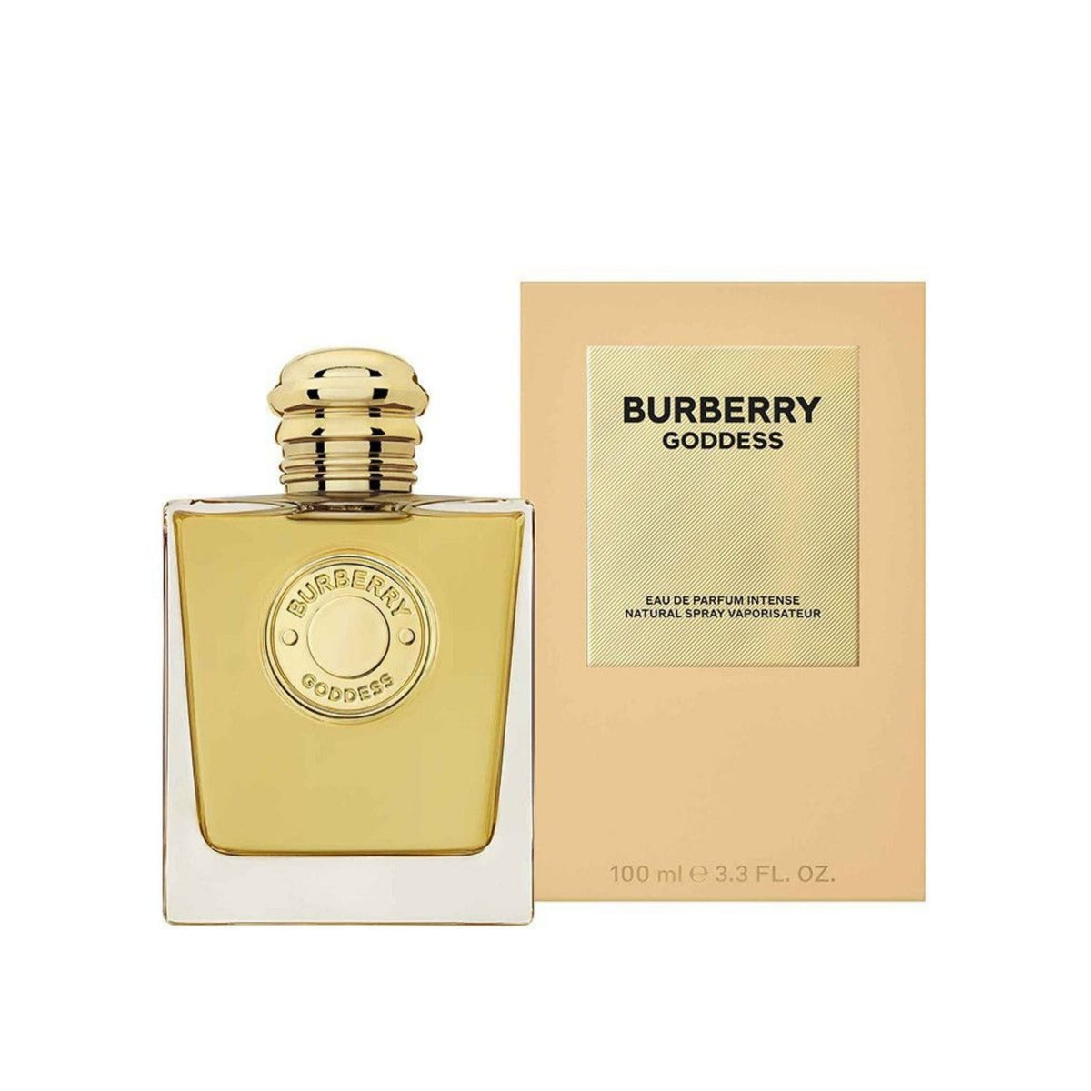 Refect Beauty Burberry Goddess Intense Eau de Parfum bottle with gold cap and matching beige box packaging.