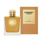 Refect Beauty Burberry Goddess Parfum bottle with gold medallion and matching tan box, an oriental gourmand fragrance.