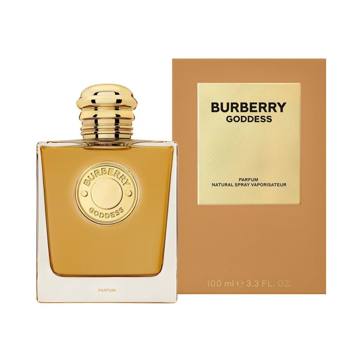 Refect Beauty Burberry Goddess Parfum bottle with gold medallion and matching tan box, an oriental gourmand fragrance.
