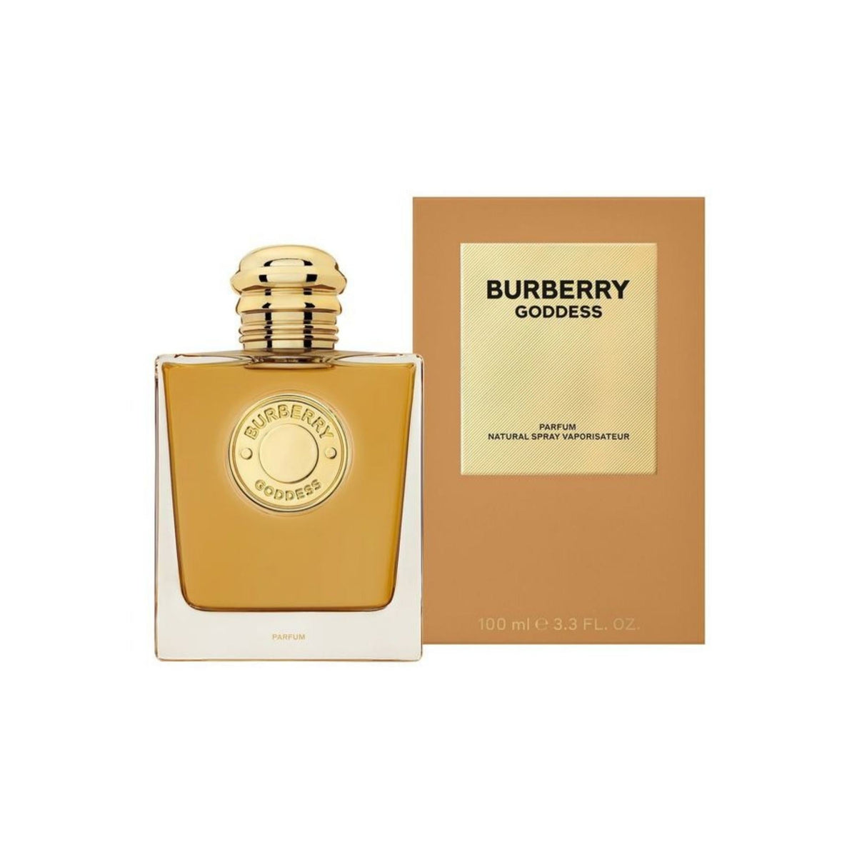 Refect Beauty Burberry Goddess Parfum bottle with gold cap and matching tan box featuring vanilla and suede notes