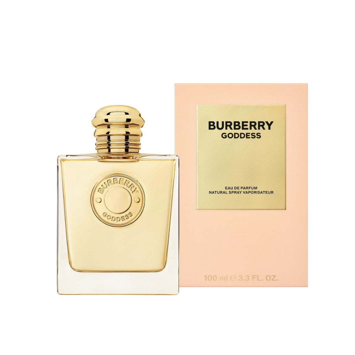 Refect Beauty Burberry Goddess Eau de Parfum bottle and light pink box featuring a gold label and elegant design