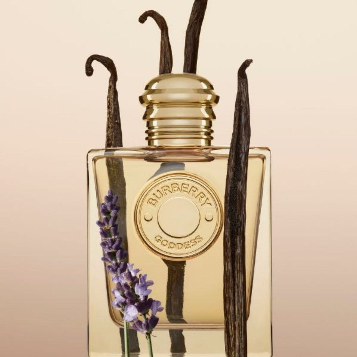 Refect Beauty Burberry Goddess Eau de Parfum bottle surrounded by vanilla beans and a sprig of lavender