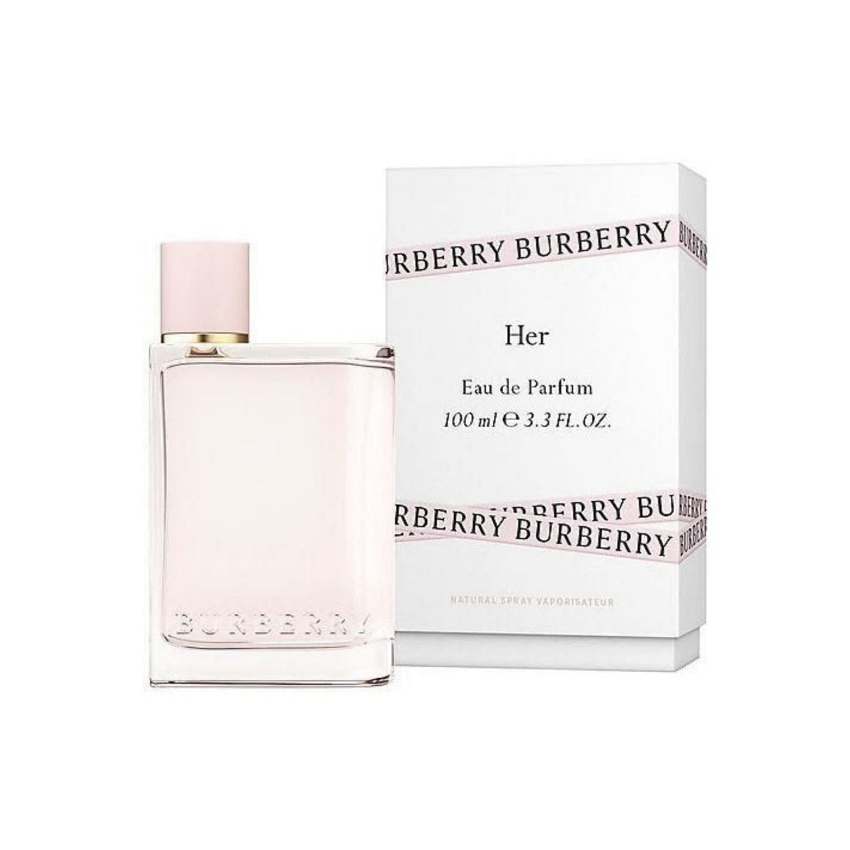Refect Beauty Burberry Her Eau de Parfum bottle with light pink cap next to its white branded packaging box