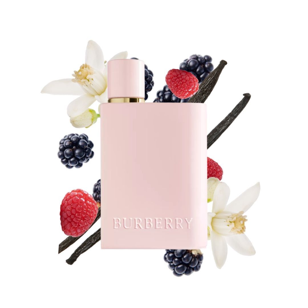 Refect Beauty Burberry Her Elixir Eau de Parfum bottle surrounded by fresh berries, jasmine flowers, and vanilla beans.