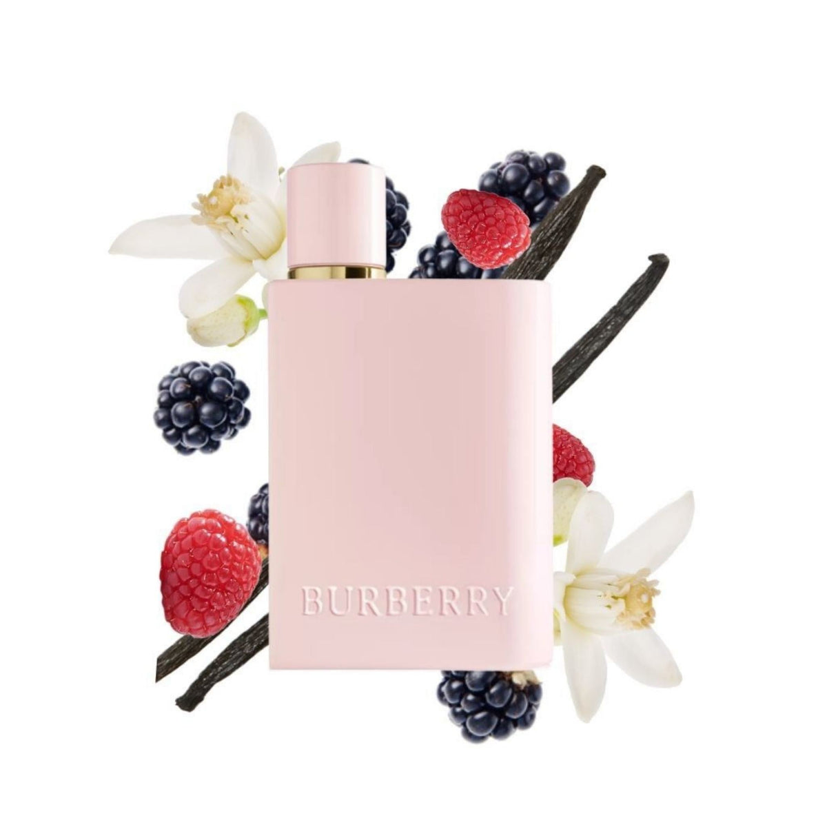Refect Beauty Burberry Her Elixir Eau de Parfum bottle surrounded by fresh blackberries, raspberries, and jasmine.