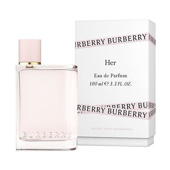 Refect Beauty Burberry Her Eau de Parfum bottle with light pink liquid and matching white gift box packaging.