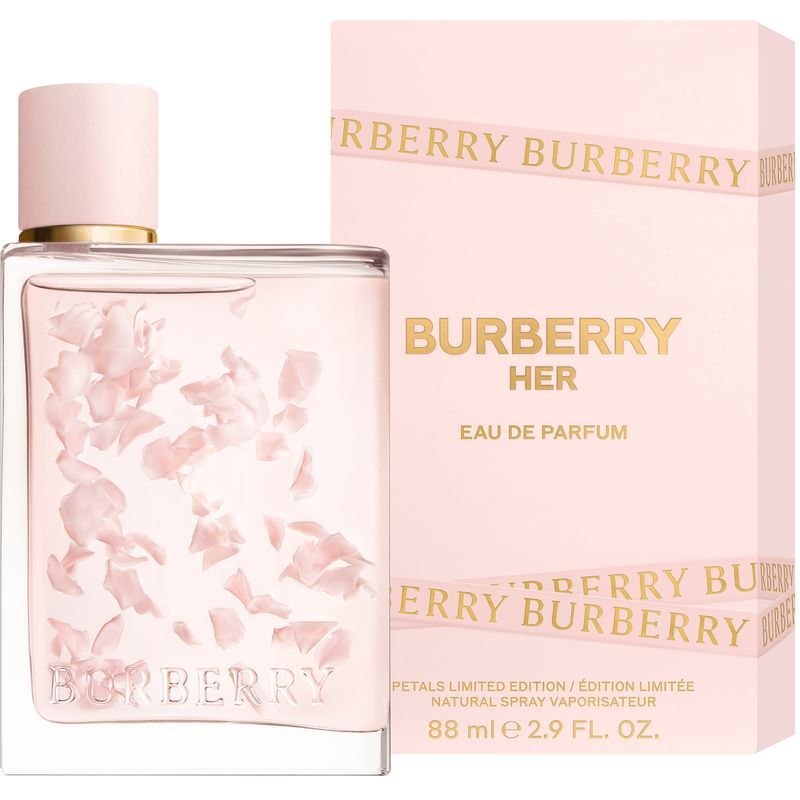 Refect Beauty Burberry Her Petals limited edition perfume bottle with floating pink petals and matching pink box.