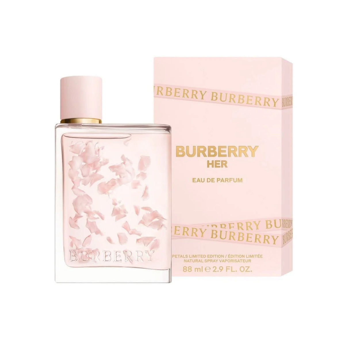 Refect Beauty Burberry Her Petals limited edition perfume bottle with floating pink petals and matching pink box