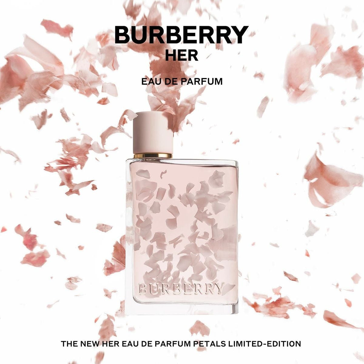 Refect Beauty Burberry Her Petals limited edition perfume bottle surrounded by floating pink floral petals