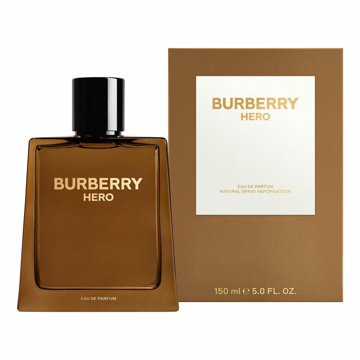 Refect Beauty Burberry Hero Eau de Parfum bottle and matching brown box packaging for a woody men's fragrance.