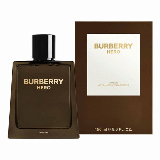 Refect Beauty Burberry Hero Intense Parfum bottle and box featuring a deep brown glass design and woody leather scent.