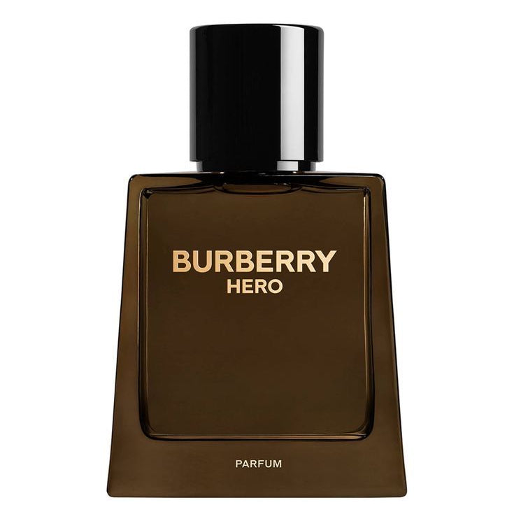 Refect Beauty Burberry Hero Intense Parfum in a dark brown glass bottle with a black cap, woody leather fragrance.