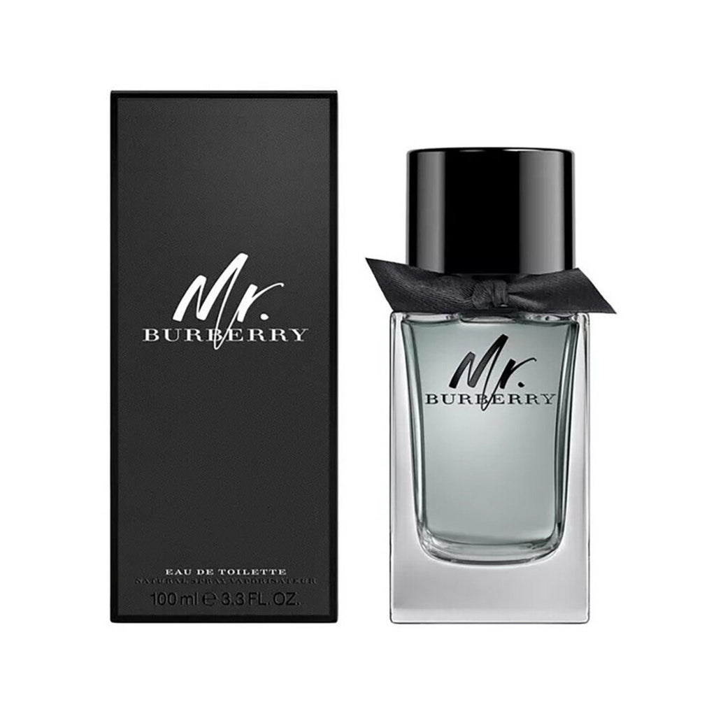 Refect Beauty Burberry Mr. Burberry Eau de Toilette bottle and black box packaging featuring a signature ribbon tie.