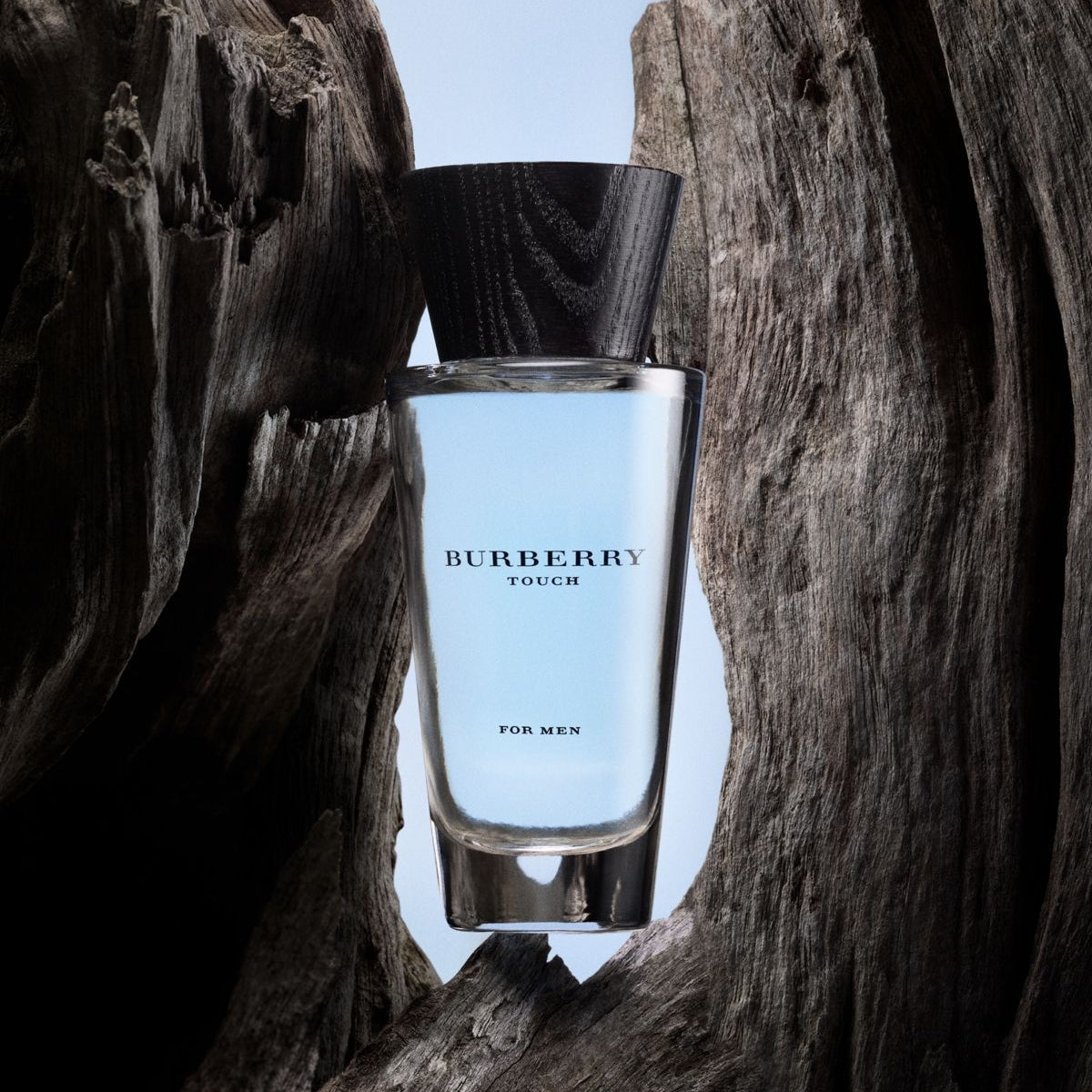 Refect Beauty Burberry Touch for Men eau de toilette bottle displayed inside a textured piece of weathered wood
