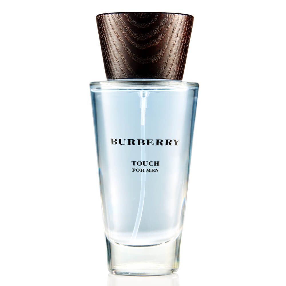 Refect Beauty Burberry Touch for Men Eau de Toilette in a clear glass bottle with a dark wood-textured cap.
