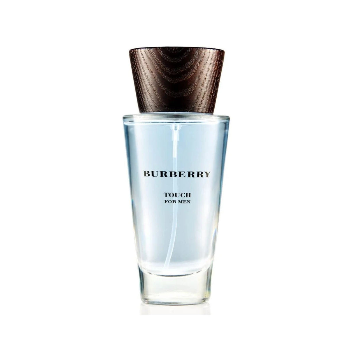 Refect Beauty Burberry Touch for Men Eau de Toilette in a clear glass bottle with a dark wood-grain textured cap.