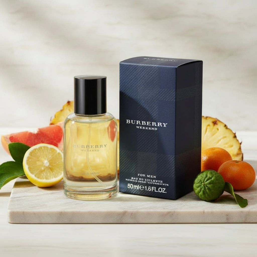 Refect Beauty Burberry Weekend for Men eau de toilette bottle and box with fresh citrus fruits on a marble surface