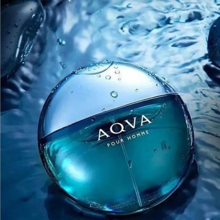 Refect Beauty Bvlgari Aqva Pour Homme eau de toilette in a round blue glass bottle surrounded by splashing water